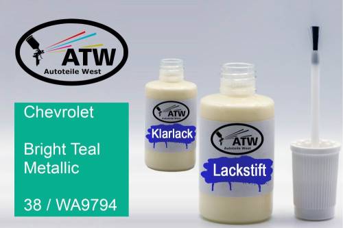 Chevrolet, Bright Teal Metallic, 38 / WA9794: 20ml Lackstift + 20ml Klarlack - Set, von ATW Autoteile West.